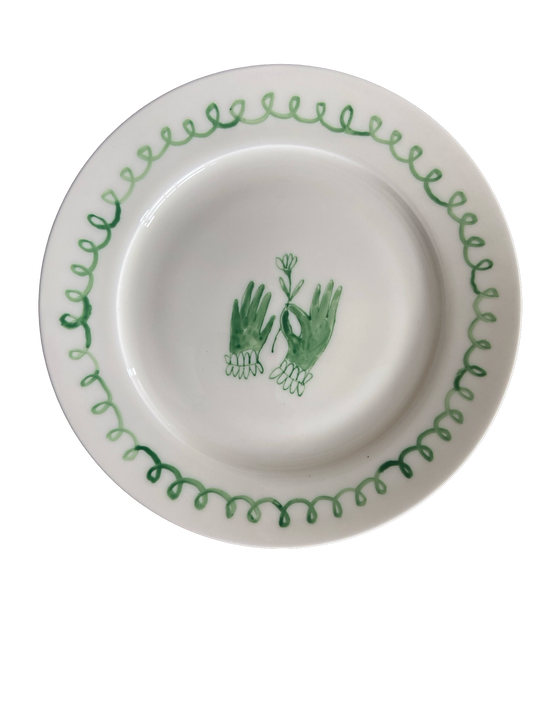 Green Hands-  rose dessert plate